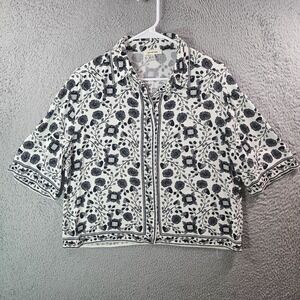 Max Studio Cropped‎ Top Women Small Button Up Floral Print White Black
